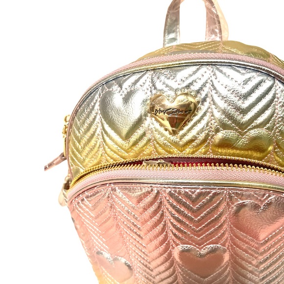 New Betsey Johnson Metallic Quilted Hearts Backpack - Picture 3 of 7